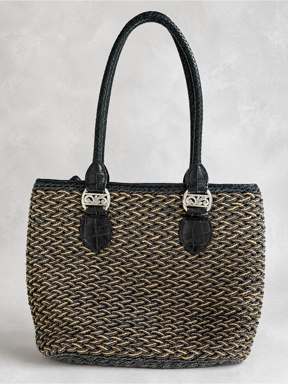 Brighton Woven Tote Shoulder Bag Blue Tan Braided Leather Silver Hardware
